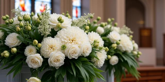 チャペルの祭壇を飾る大輪の白い花々と緑の装飾